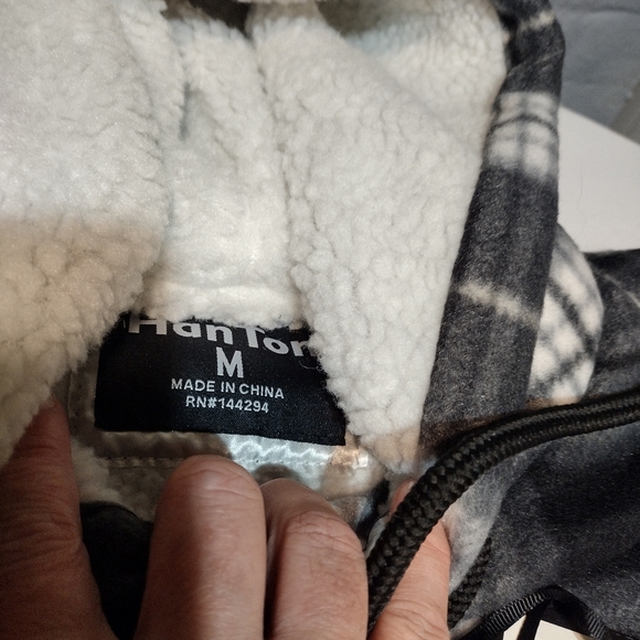 Hanton Black and White Plaid Fleece Sherpa Lined Zippered Hooded Jacket - Picture 8 of 12